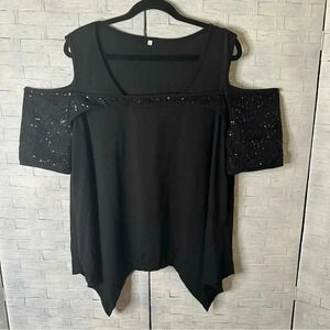 Short sleeve black  sequins off the shoulder peekaboo top out sleeve plus size3X